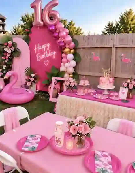 Pink Sweet 16 birthday setup at Cypress River Oasis